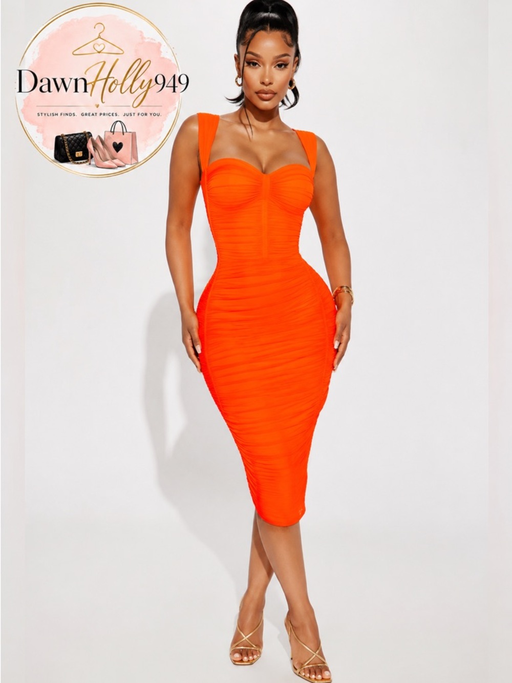 Fashion Nova Orange Ruched Midi Bodycon Dress Kentucky Derby 🐎